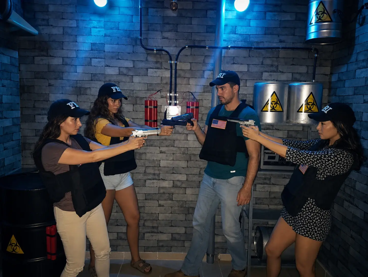 קבוצת שחקניות עם אביזרי משימה בחדר כור גרעיני