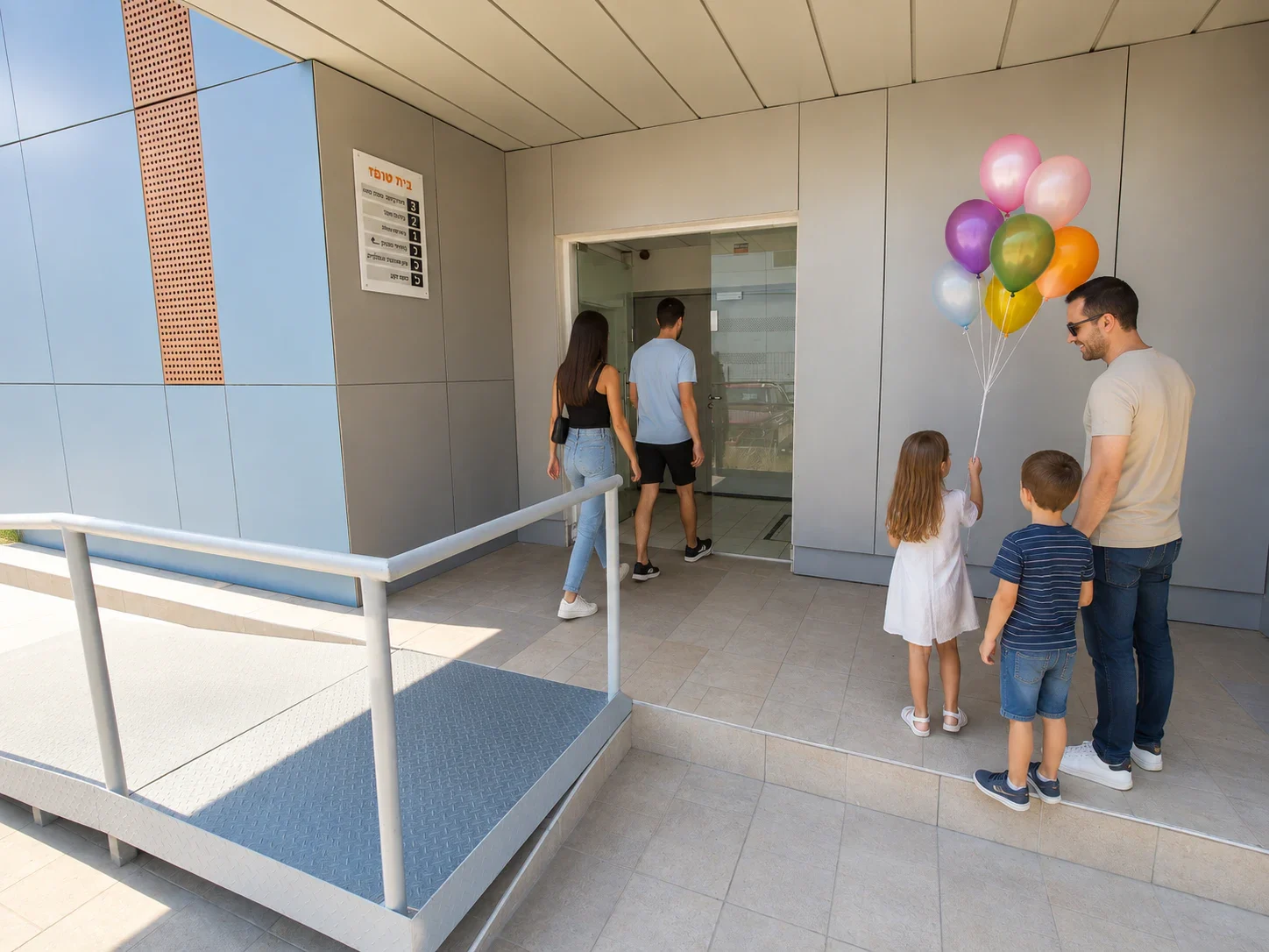 דלת הכניסה לבית טופר עם רמפה ומדרגות המובילות אל תוך הבניין
