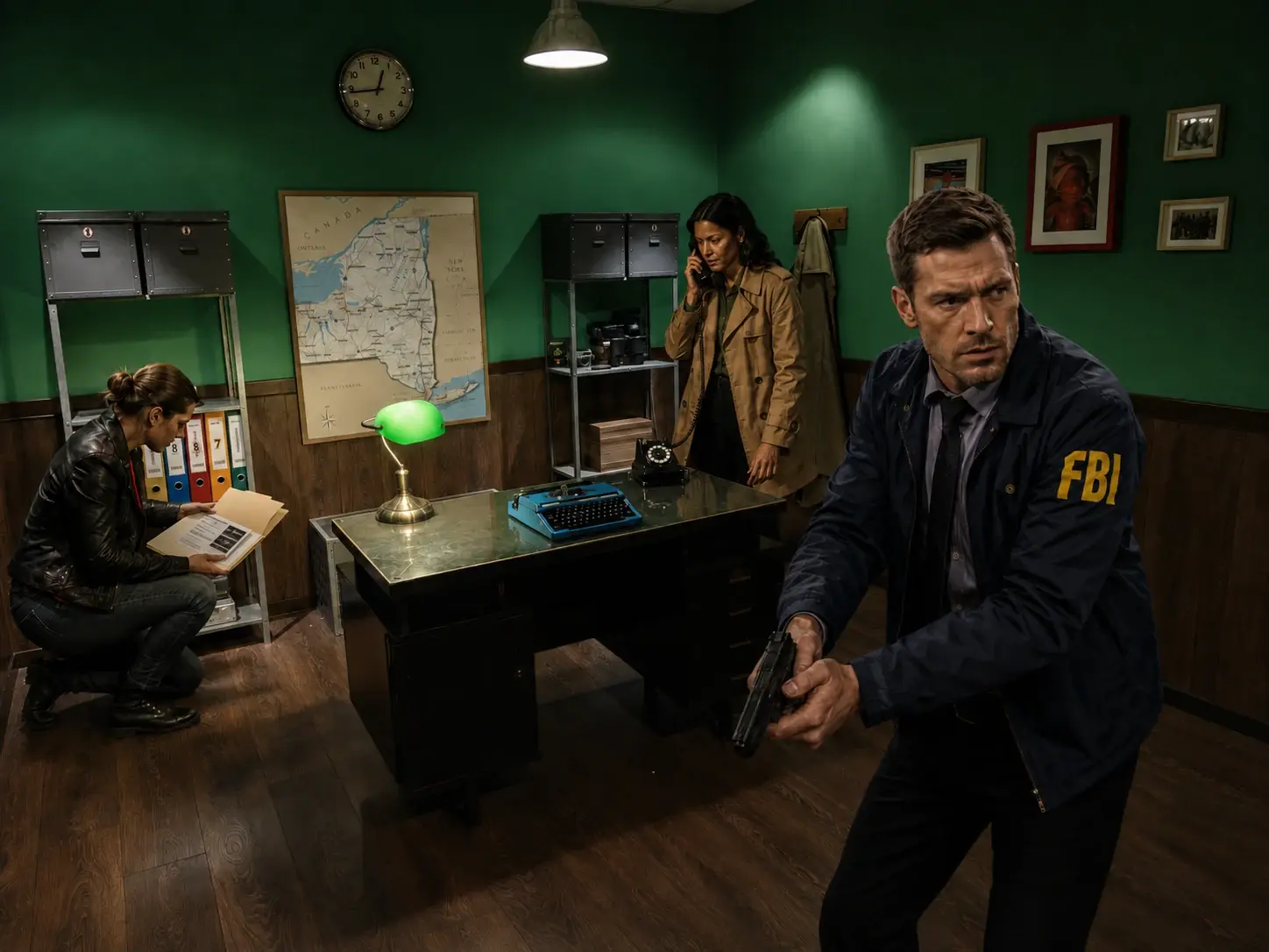 צוות חוקרי FBI אוסף מסמכים ועובד מול טלפון ומפה במשרד חקירות