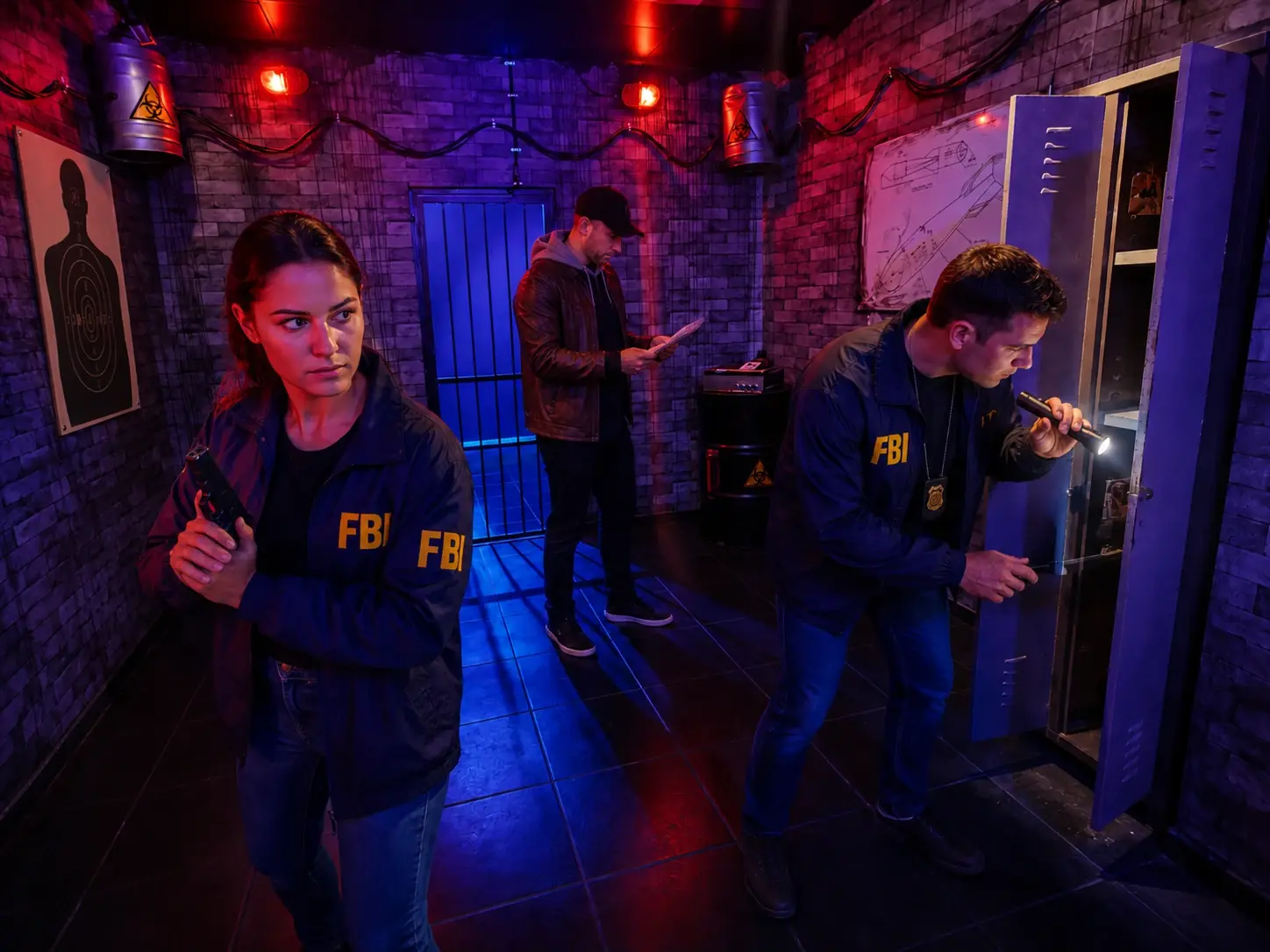סוכני FBI מחפשים ראיות בחדר תעשייתי המואר באדום ובכחול