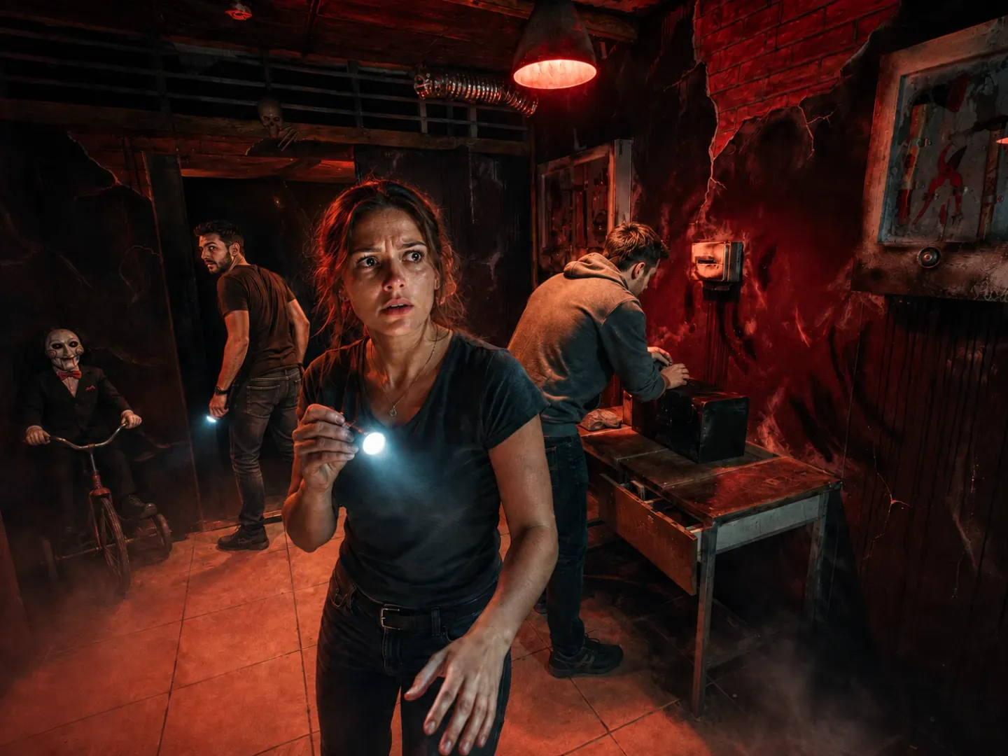 משתתפת עם פנס בחדר אימה כשדמות במסכה מתקרבת מאחור