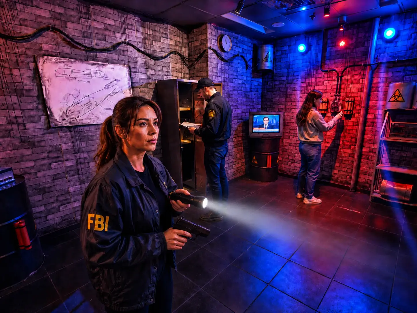 סוכנת FBI עם פנס מובילה חיפוש בחדר חקירות המואר באדום ובכחול
