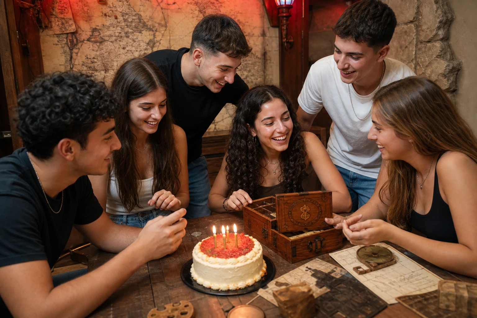 חברים חוגגים יום הולדת עם עוגה אחרי משחק ב-Quest Room בחיפה