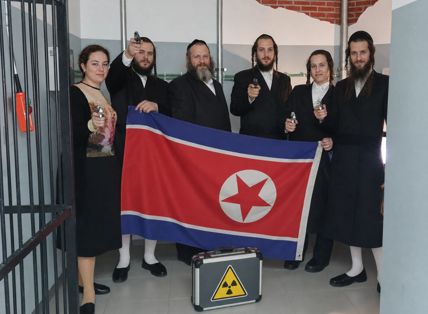 קבוצה חרדית עם דגל ואביזרי משימה בחדר הבריחה סוכן 007 בחיפה