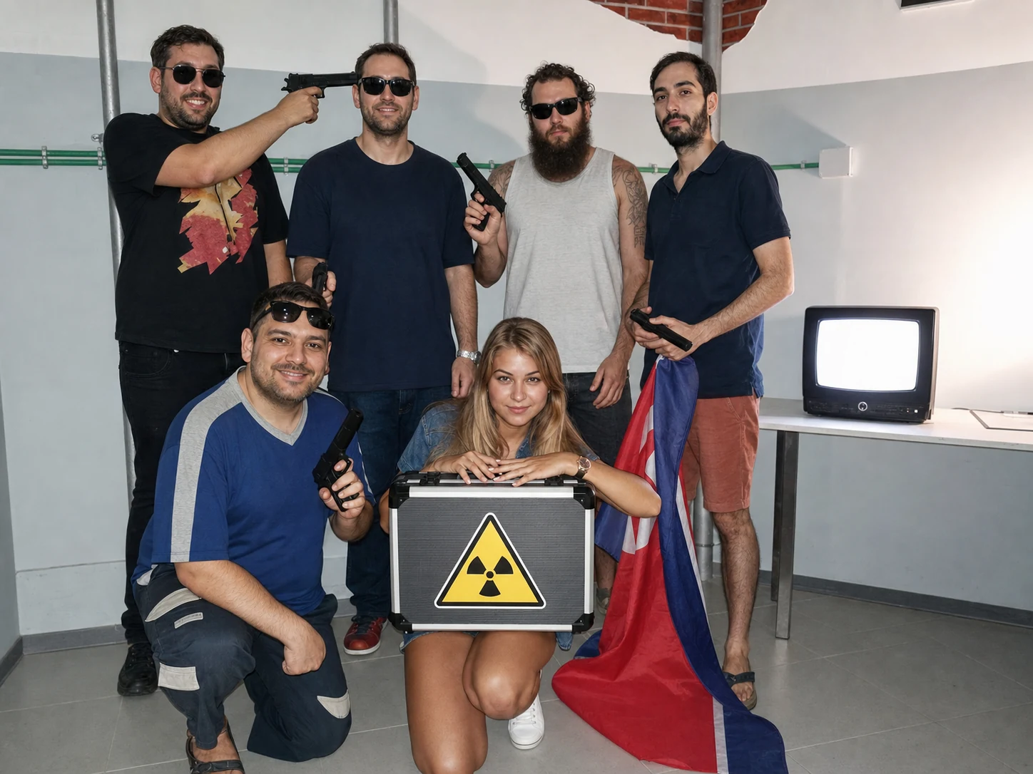 שישה חברים עם אביזרי משחק ומזוודת כור גרעיני בחדר בריחה בחיפה