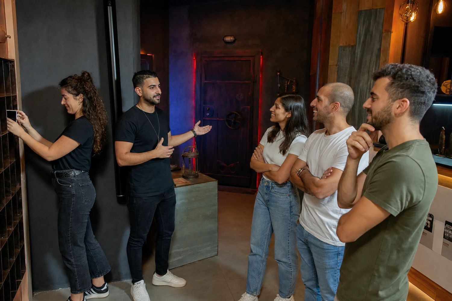 מפעיל מסביר את כללי המשחק לקבוצת חברים לפני הכניסה לחדר בריחה