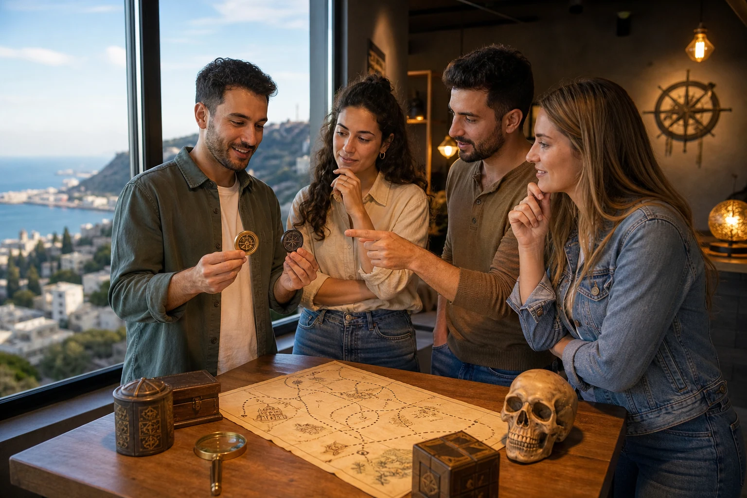 קבוצת חברים מתכננת משחק בחדר בריחה בצפון מול נוף חיפה